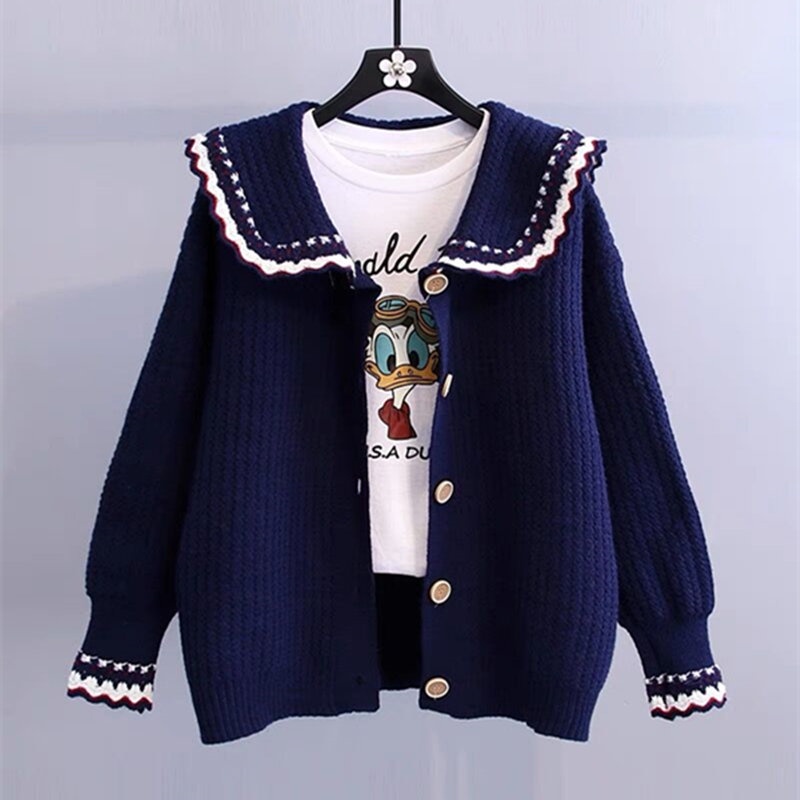 Áo Khoác Cardigan Dệt Kim Cổ Búp Bê Dáng Rộng Thời Trang Thu Đông