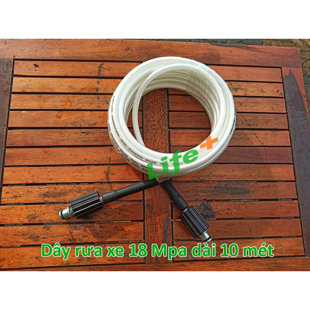 Dây rửa xe áp lực 18MPa 10m, lõi nhựa bọc dù trắng, hai đầu ren trong to M22