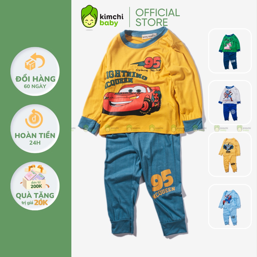 Bộ Dài Tay Cho Bé Trai, Bé Gái Vải Thun Lạnh Minky Mom Hoạ Tiết Siêu Nhân, Đồ Bộ Dài Tay Cho Bé Mặc Nhà MKMTD2211