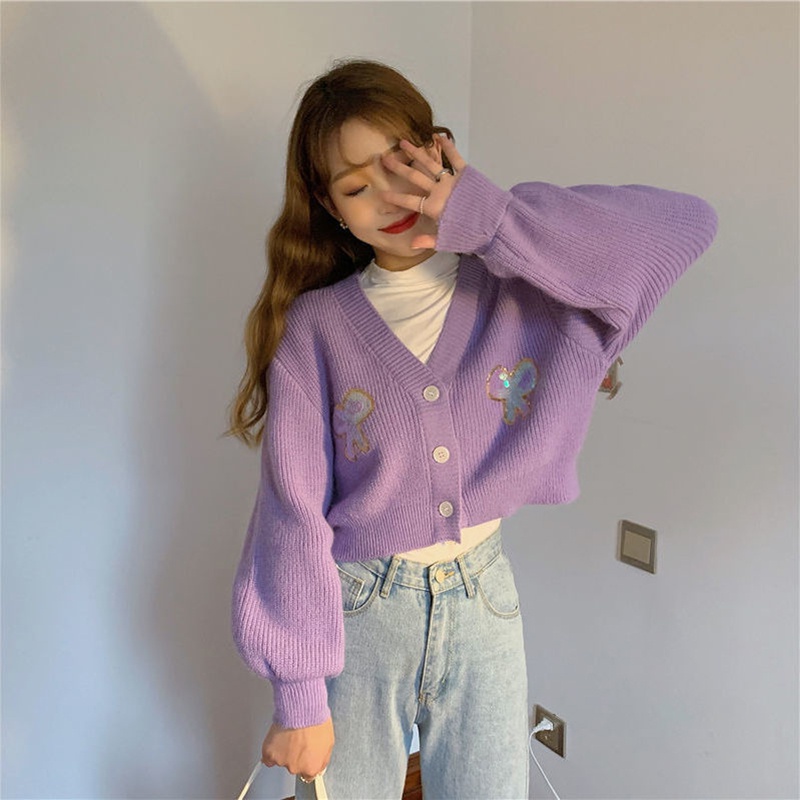 Áo Sweater Tay Dài Dáng Suông Ngắn Màu Tím Dễ Phối Đồ Thời Trang Phong Cách Hàn Quốc