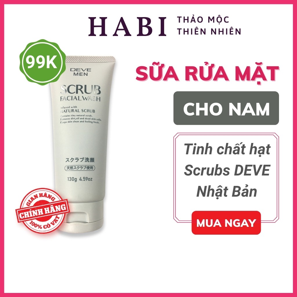 Sữa rửa mặt nam dạng hạt Deve Scrub Facial Wash Nhật Bản, sữa rửa mặt cho da dầu kiêm tẩy da chết 130g