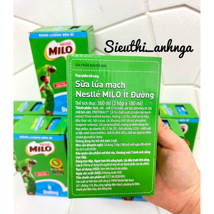 Vỉ 2 Hộp Sữa Thức Uống Lúa Mạch Nestle' Milo Ít Đường 180ml