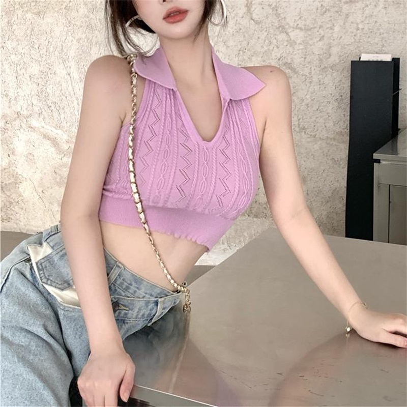 QKOOLE  Áo Dệt Kim Không Tay Cổ POLO Phong Cách Thời Trang Hàn Quốc Dành Cho Nữ