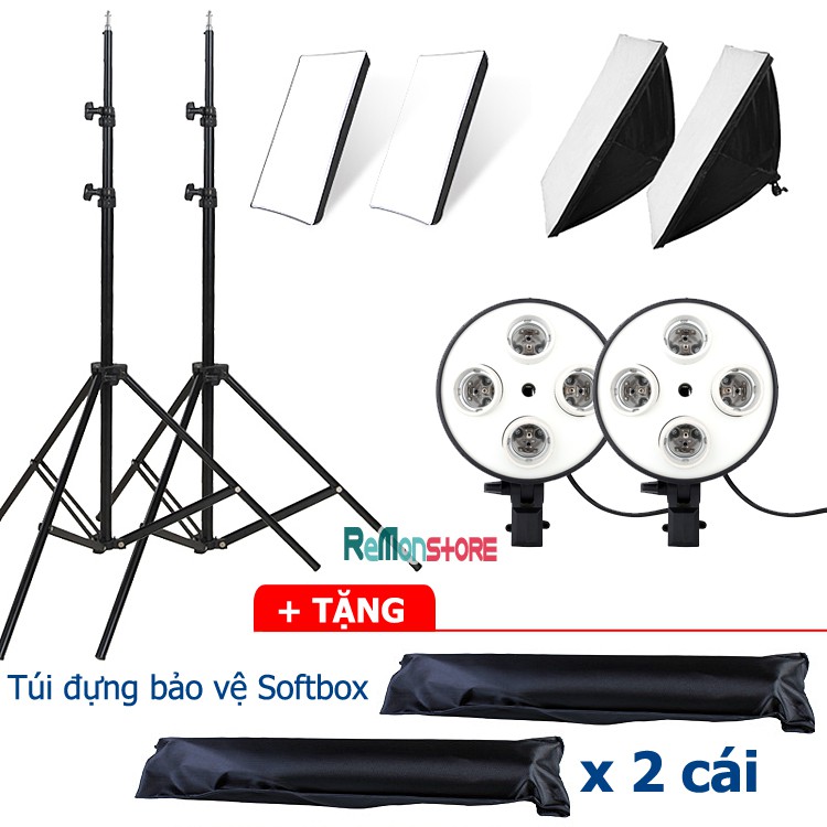 [Mã 253ELSALE hoàn 7% đơn 300K] 2 Softbox đuôi Sứ 4 chuôi 50x70cm - 2 Chân đèn 2m không bao gồm đèn