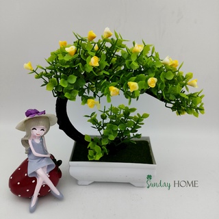 Cây giả Bonsai hoa rực rỡ (kèm chậu), chậu cây giả để bàn, kệ tủ, trang trí nhà cửa