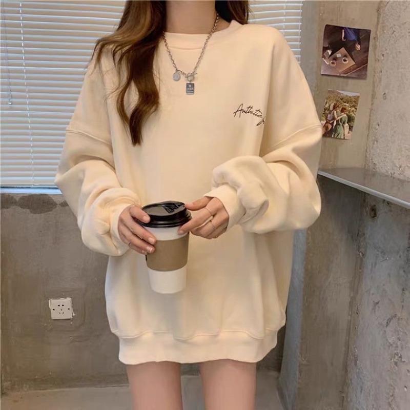 (CÓ SẴN) Áo nỉ lót bông dáng oversize ấm áp phù hợp mùa thu đông có 2 màu be, đen có size | BigBuy360 - bigbuy360.vn