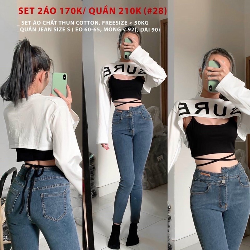 Set áo in chữ gồm áo sát nách cột dây eo phối áo croptop tay dài - A0U