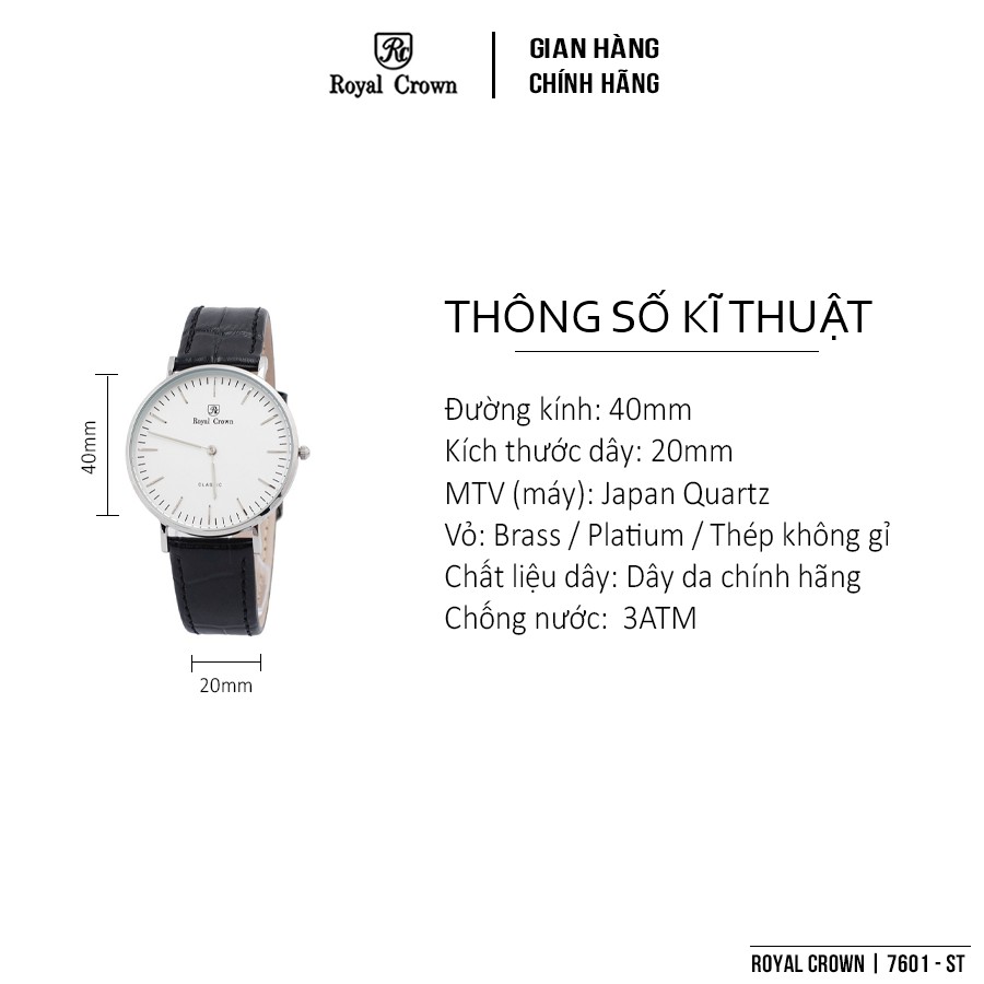 Đồng hồ nam Chính Hãng Royal Crown 7601 Leather Watch (Dây da đen)