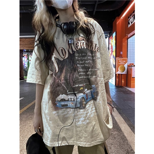 Áo Thun Ngắn Tay Cổ Tròn Form Rộng In Họa Tiết graffiti Phong Cách retro Dành Cho Nữ