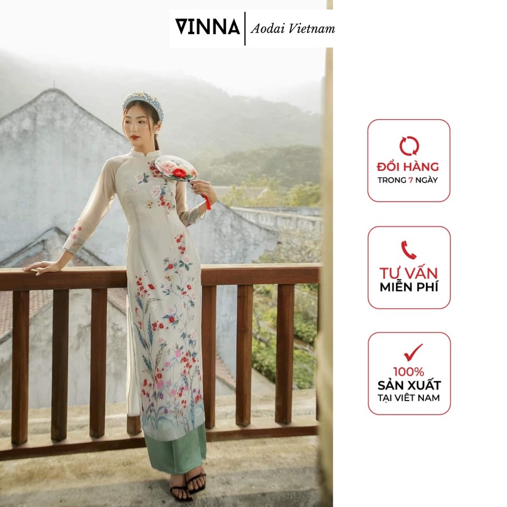 Áo dài tơ thướt tha mềm hoa nhí kết hạt kim sa trắng tuyệt đẹp Áo dài cách tân truyền thống VINNA