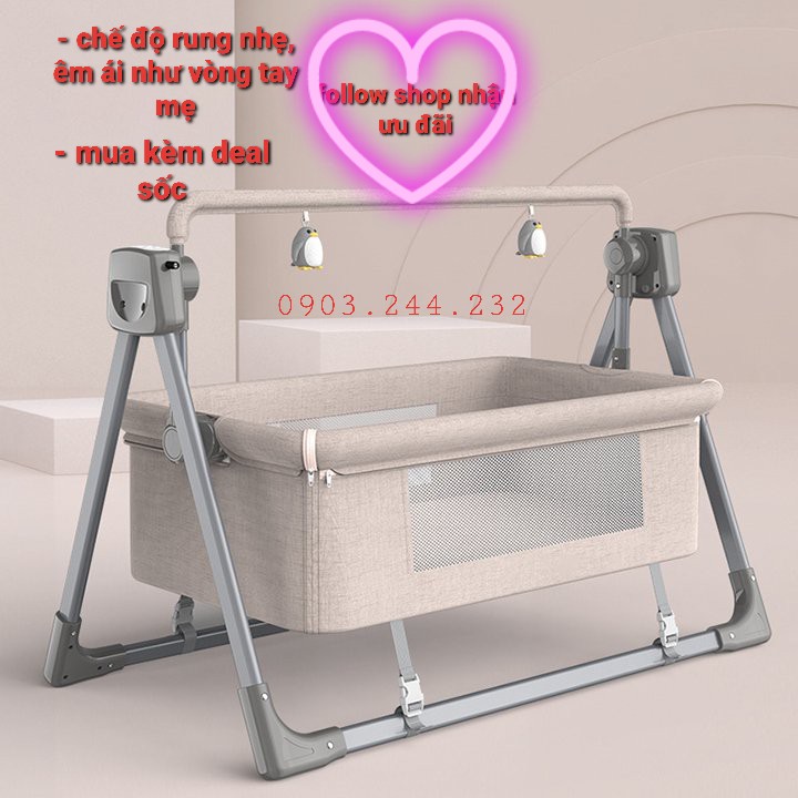 Nôi điện trẻ em rung tự động, cũi kèm màn tránh côn trùng cho bé từ 0-36 tháng tuổi, giường cũi có mùng
