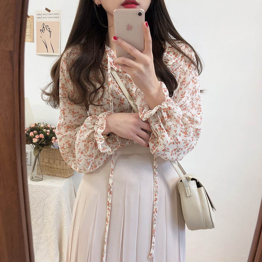 Áo voan có tay dàI cổ tròn in hoa 27394