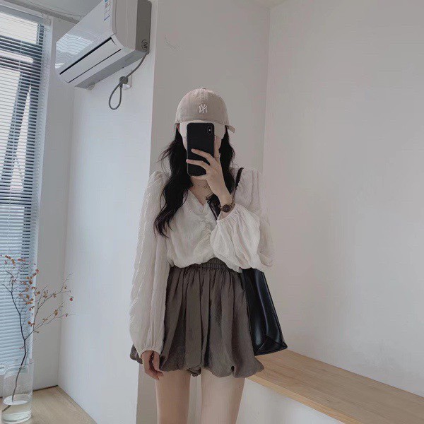 Set áo sơ mi voan nhăn nhún ngực quần sooc ống rộng giả váy phong cách Hàn Quốc  Hàng quảng Châu