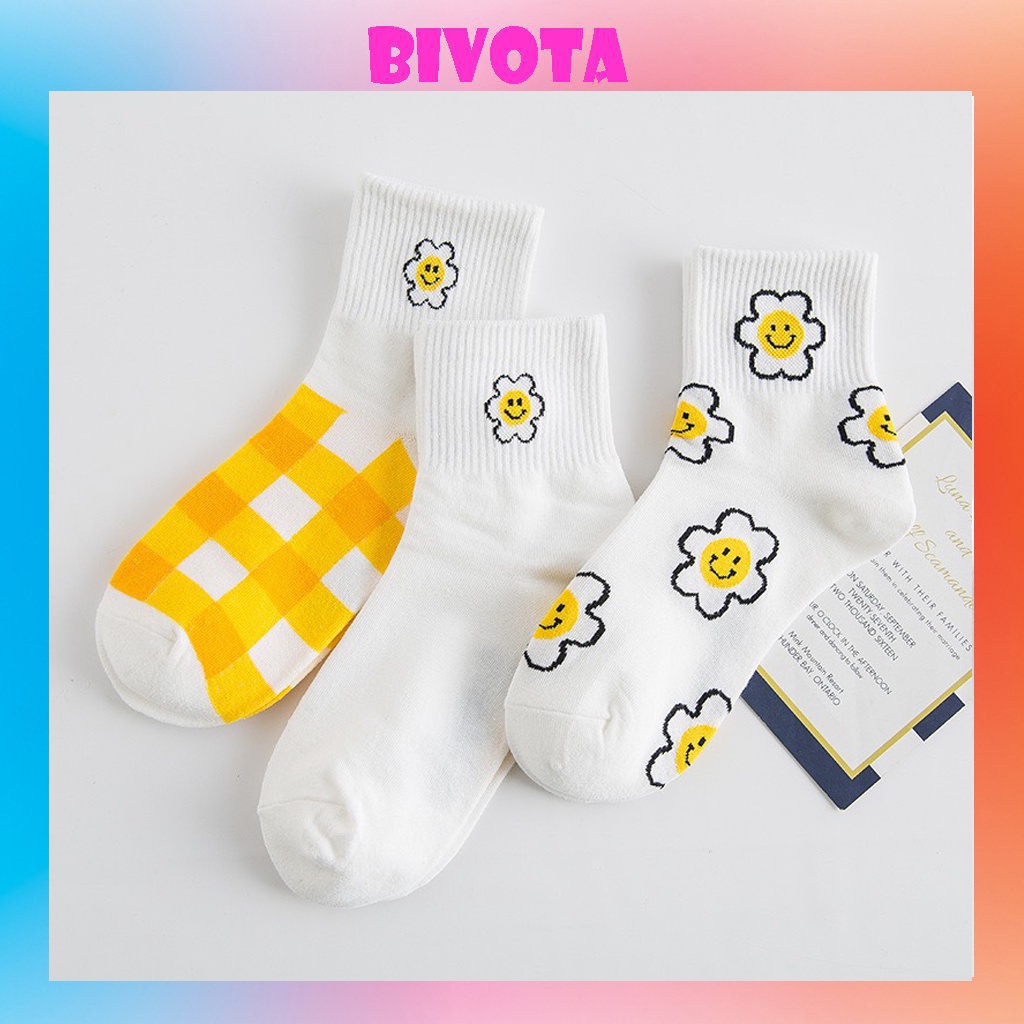 Set 3 đôi tất cổ cao Bivota vớ nữ họa tiết hoa vàng hàn quốc dễ thương T100