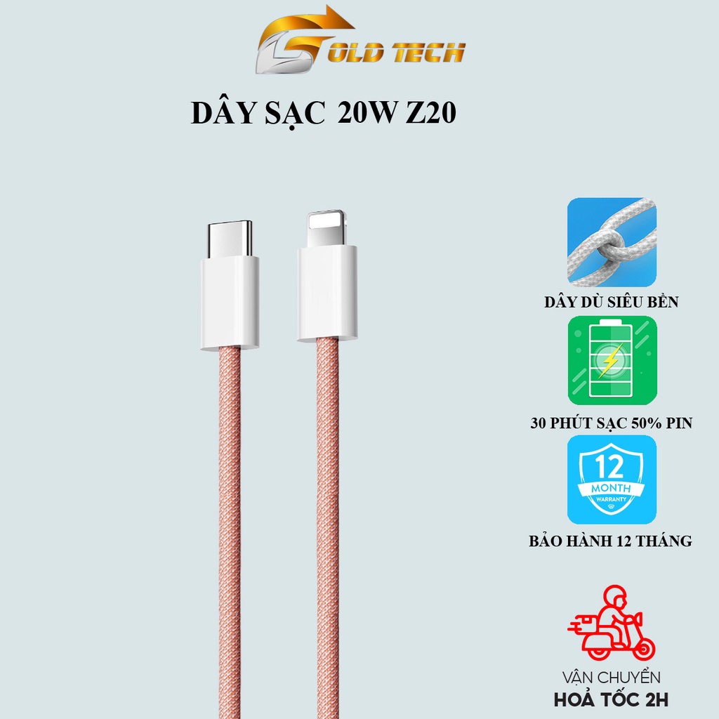 Dây sạc nhanh IP Rockspace Z20,cáp sạc nhanh type-c to chuẩn PD 20W cho IP8 trở lên,3 màu dây