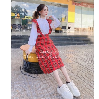 Set yếm đỏ áo sơmi tay bồng