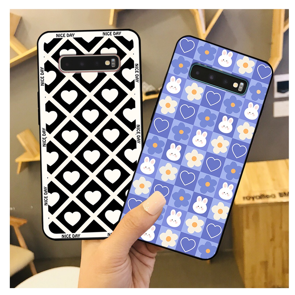 Ốp lưng Samsung S10 - S10 Plus - S10 5G in hoạ tiết caro trái tim đen trắng, gấu bear cute đáng yêu