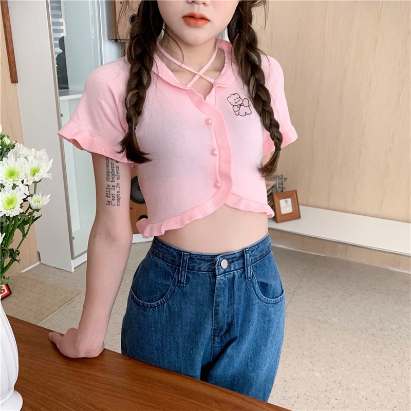 ZHELIHANGFEI grandma Áo Cardigan Dệt Kim Tay Ngắn Thiết Kế Tai Gấu Ngọt Ngào Phong Cách Mùa Hè Niche