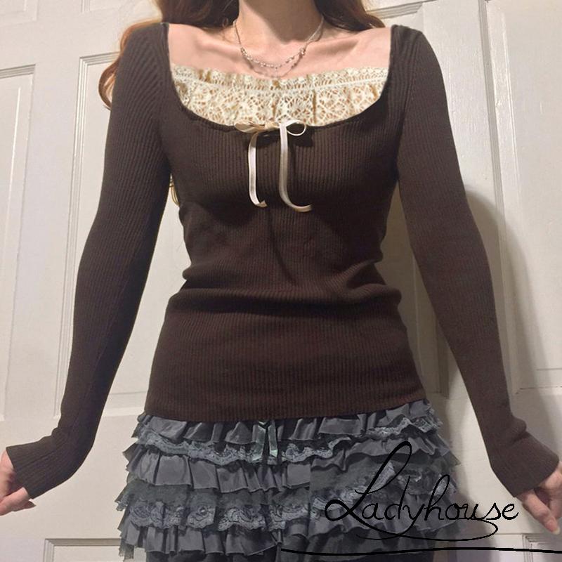 Áo Dệt Kim Tay Dài Phối Ren Đính Nơ Thời Trang Dành Cho Nữ