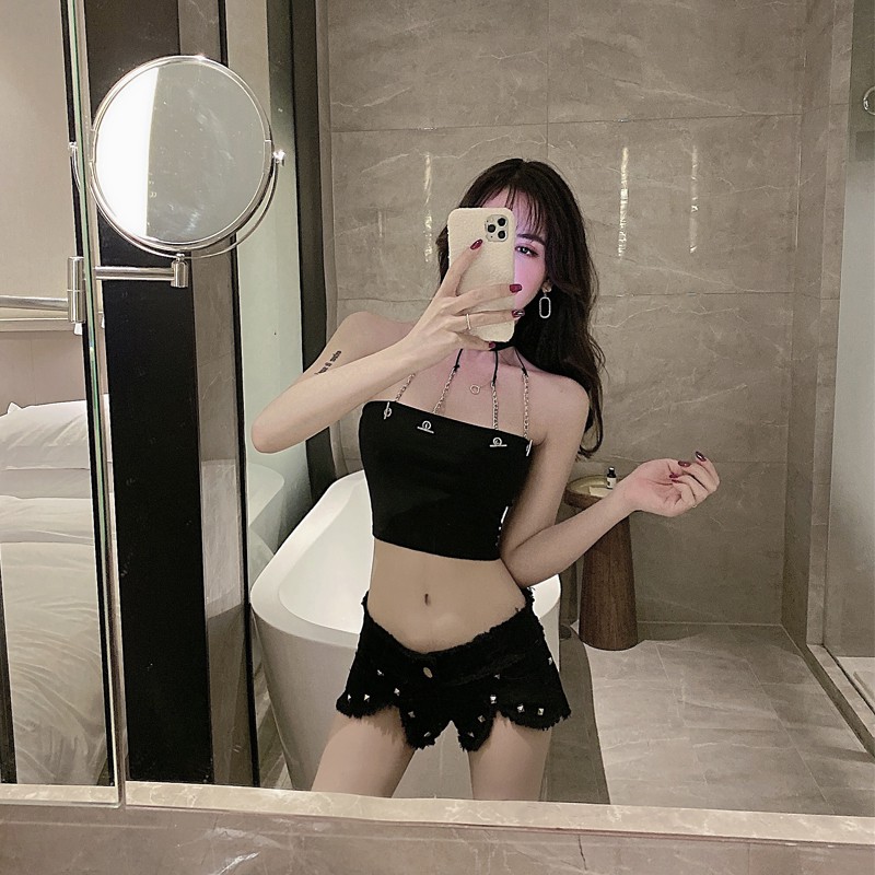 Set đồ gợi cảm đi bar đi chơi áo ống đen hở vai phối xích nối vòng cổ áo+quần ngắn đen ulzzang ( có bán riêng ) | BigBuy360 - bigbuy360.vn