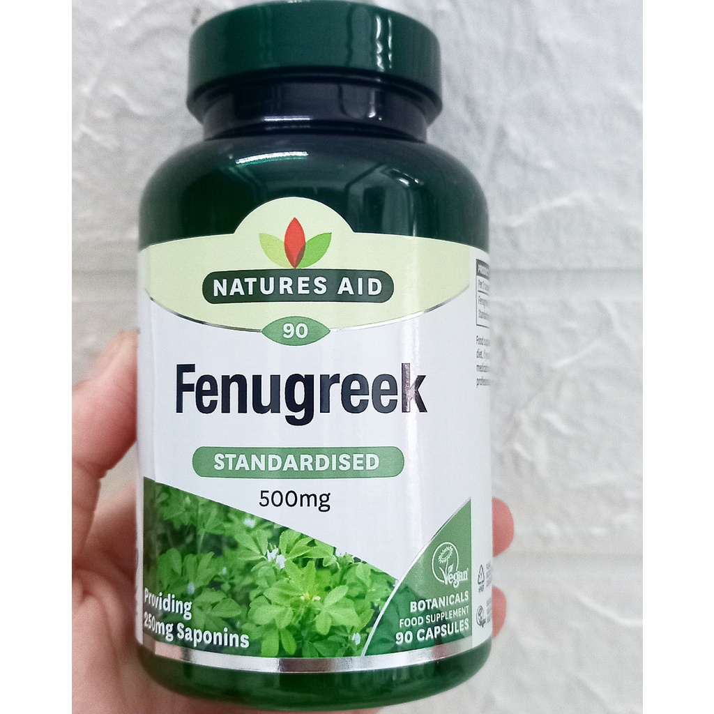 Viên uống lợi sữa thảo dược Fenugreek Natures Aid 500mg lọ 90 viên (Anh). Giúp cải thiện chất lượng sữa