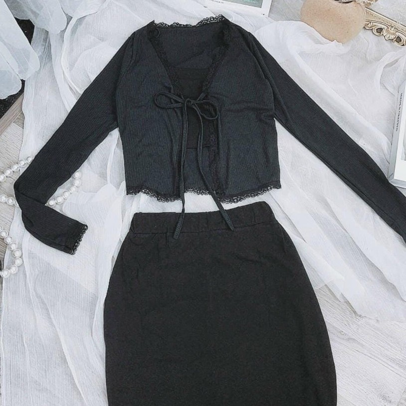 Set 3 món áo 2 dây chân váy dáng dài , Áo cardigan phối ren mix chân váy AD134 | BigBuy360 - bigbuy360.vn