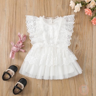 LAA6-Kids Girls Casual Dress, Solid Color Ruffle Round Neck Lace Sleeveless Dress