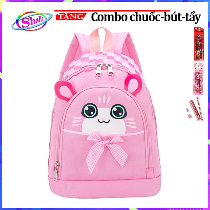 Balo cho bé trai bé gái đi học mẫu giáo hình mèo con nghịch ngợm dễ thương thời trang Shalla Tặng combo 4 món