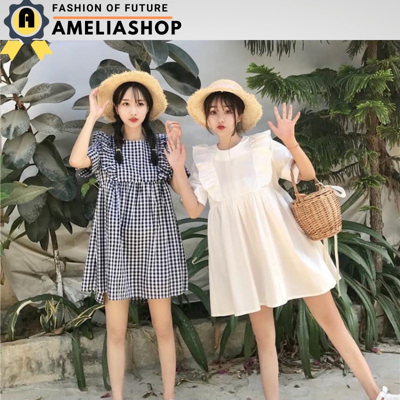 Đầm babydoll sơ mi xòe tay lỡ thời trang Ulzzang. Váy dáng ngắn đôi bạn thân phối viền bèo tiểu thư hót.