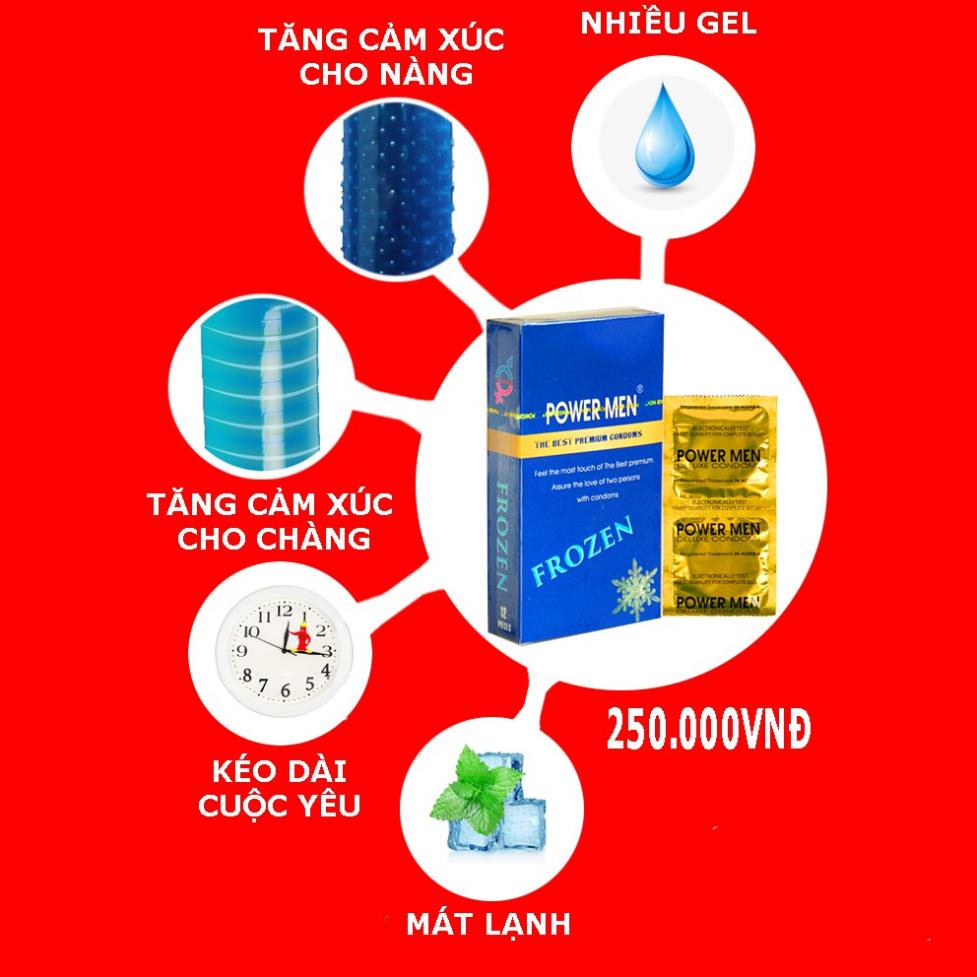 Bao cao su Powermen FROZEN gân gai tăng khoái cảm hương bạc hà mát lạnh kéo dài thời gian hộp 12 bcs