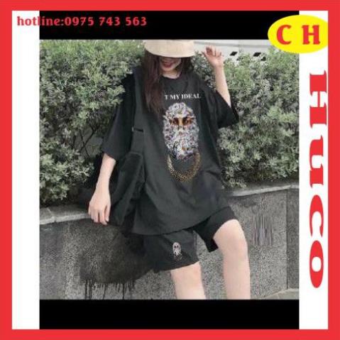 sét đồ bộ áo phông hè ngắn tay form rộng chất cotton người hoa + quàn đùi lửng logo, sét đồ nam nữ freesize unisex New