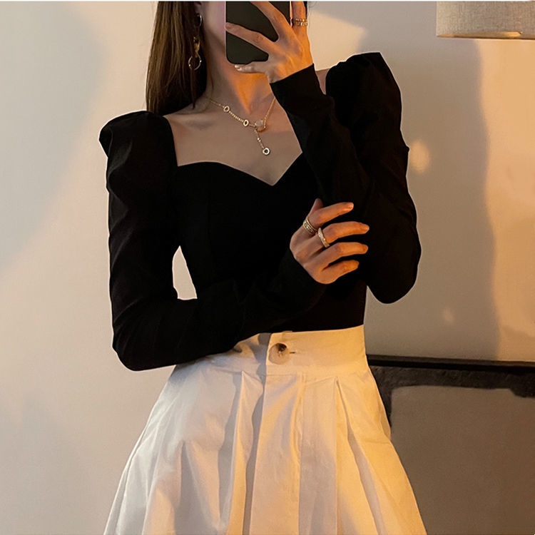 Đen Áo Kiểu Tay Phồng Cổ Vuông Khoét Sâu Quyến Rũ
