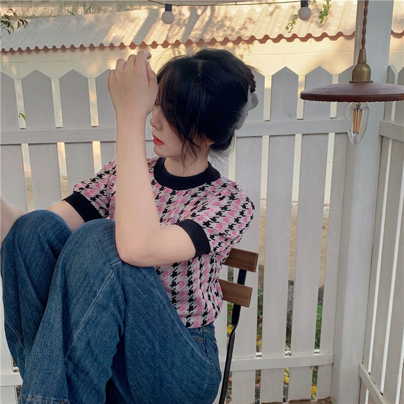 Áo kiểu tay ngắn dáng ôm hoạ tiết Houndstooth phong cách Hàn Quốc