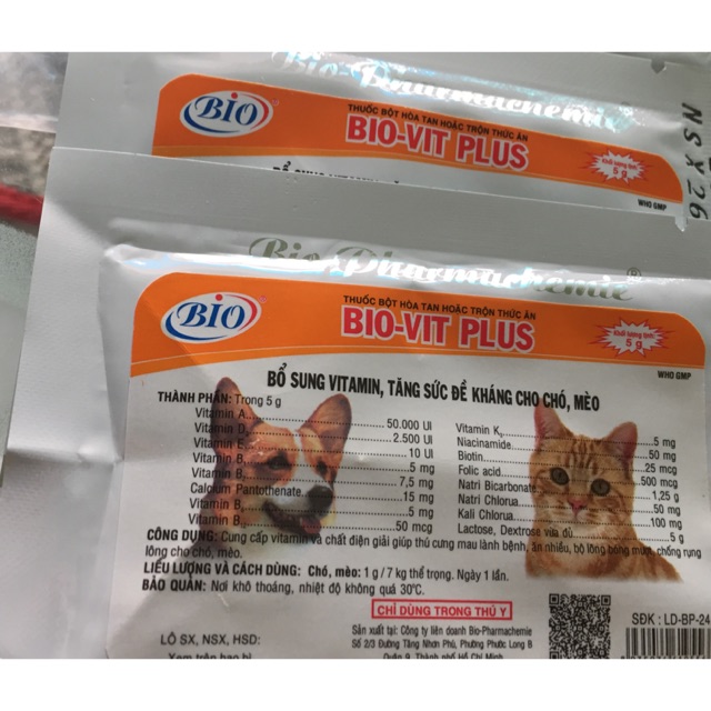 Vitamin tăng sức đề kháng cho chó mèo Bio- Vit Plus gói 5G