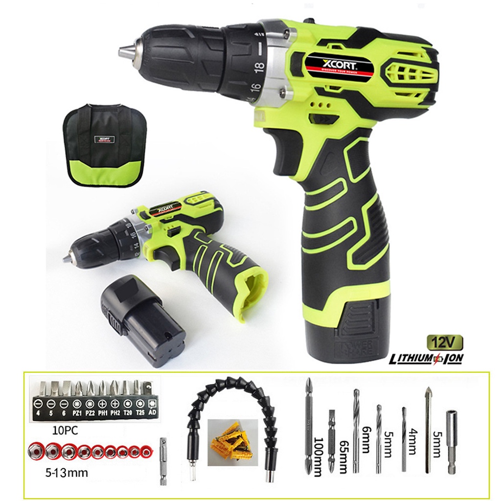 Máy khoan cầm tay - Máy khoan pin 12V XCORT Chính Hãng 2 PIN Kèm Phụ Kiện Và Túi Dụng Cụ