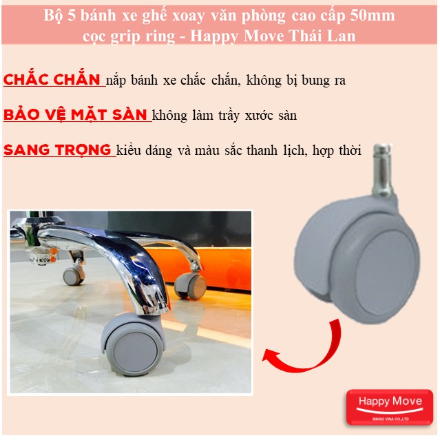 Bộ 5 Bánh xe ghế xoay văn phòng - Di chuyển đa mặt sàn - Cọc Grip Ring Happy Move Thái Lan (Bộ 5 bánh-màu xám)