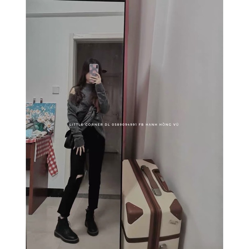 Quần baggy jean đen ống suông xẻ rách gối có Bigsize quảng châu hàng sẵn