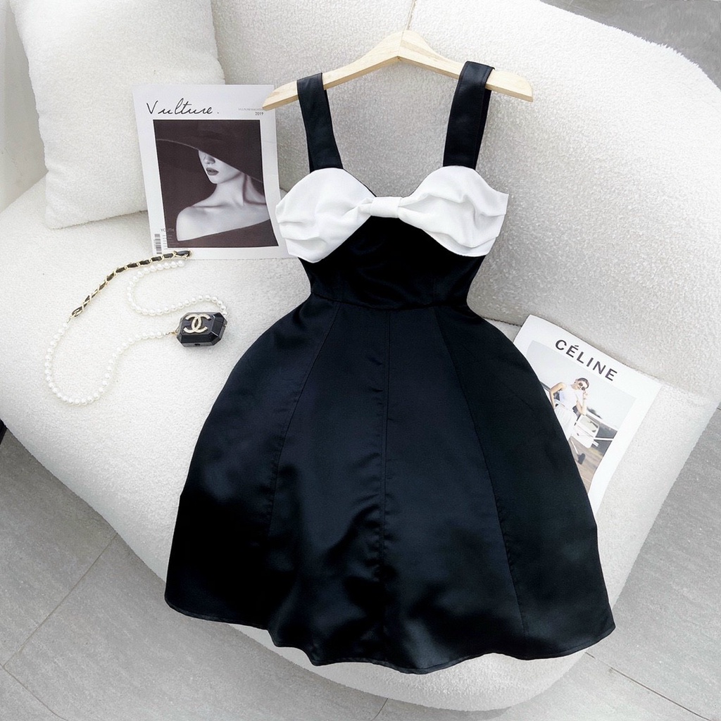 Đầm Hai Dây Đen 💖DEMISS💖 Váy Nữ Đen Phối Trắng Nơ Ngực Xinh Xỉu - V-Đen-Trắng-378