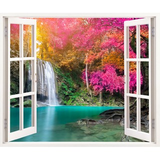 Tranh dán tường 3d phong cảnh thiên nhiên Cây cổ thụ và thác nước bên ô cửa sổ (kích thước lớn) tích hợp sẵn keo