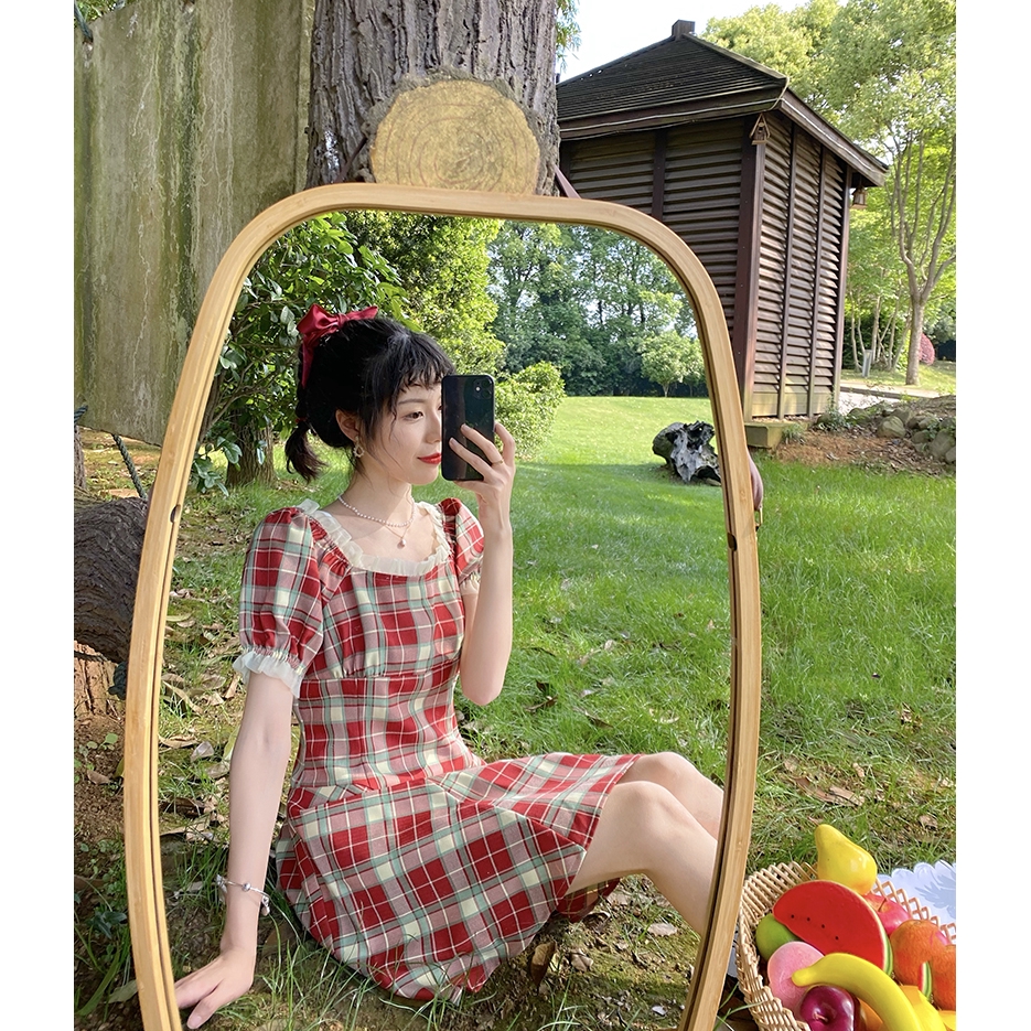 Large Size Dress Retro Plaid Red Dress Square Mouth Bubble Sleeve French Skirt 2020 New Summer | BigBuy360 - bigbuy360.vn