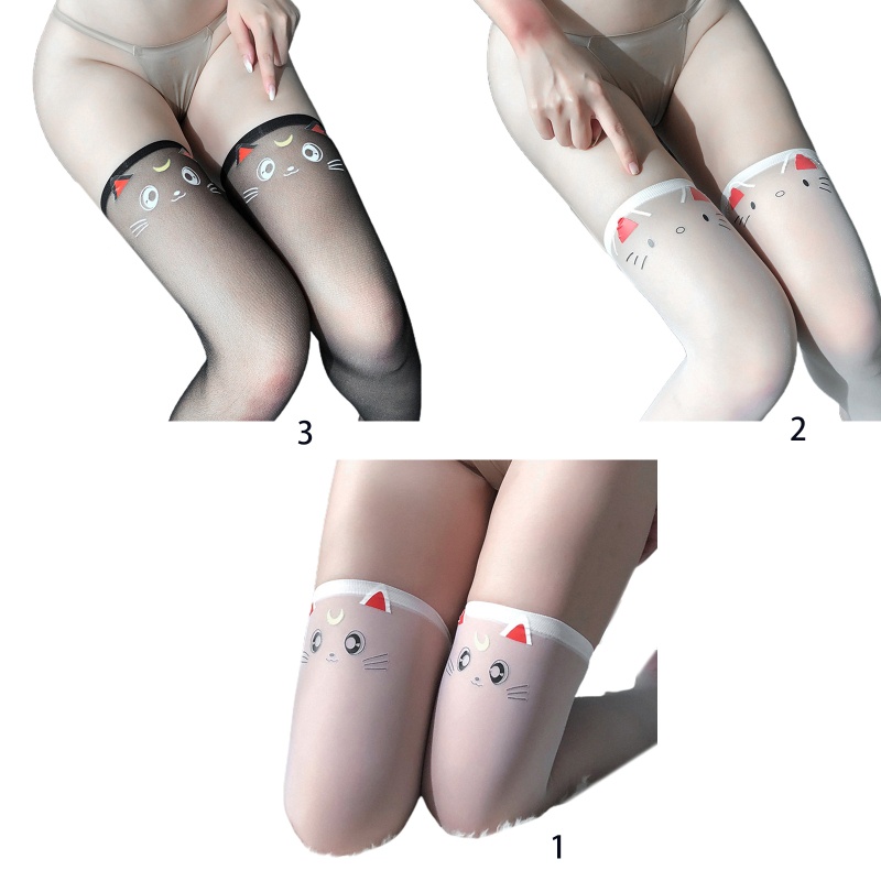 Vớ Dài Qua Gối Vải Lụa In Họa Tiết Hoạt Hình Mèo Phong Cách Lolita Nhật Bản Cho Nữ