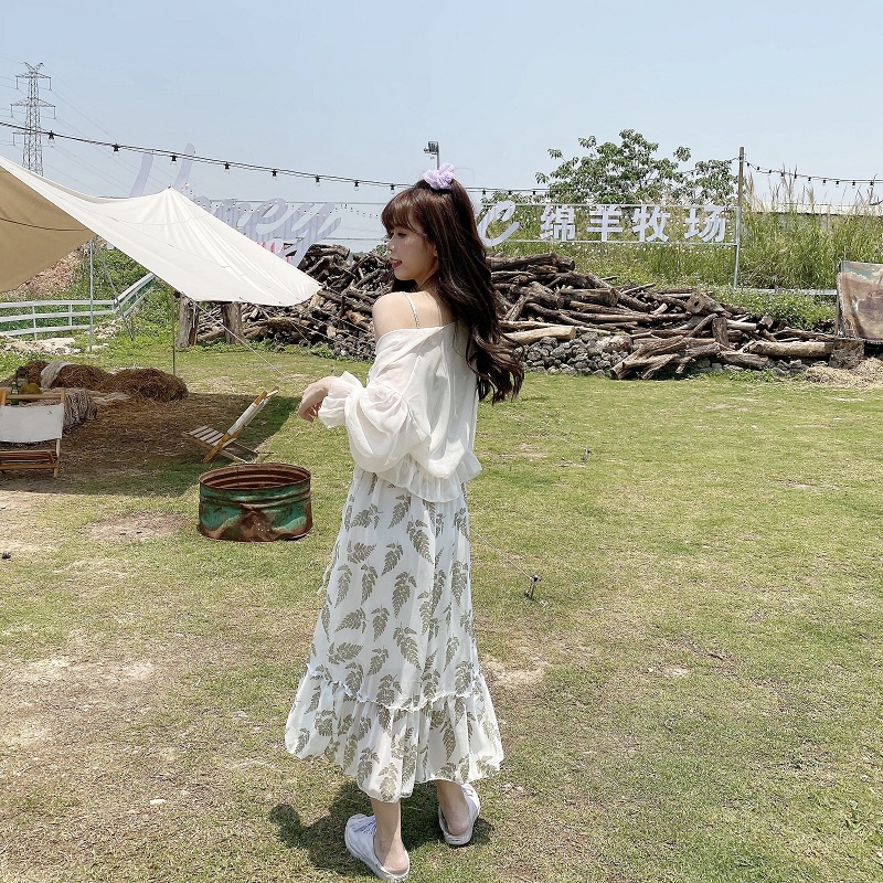 IELGY Bộ Áo chiffon + Đầm Hai Dây Dáng Ngắn Thời Trang Cho Nữ