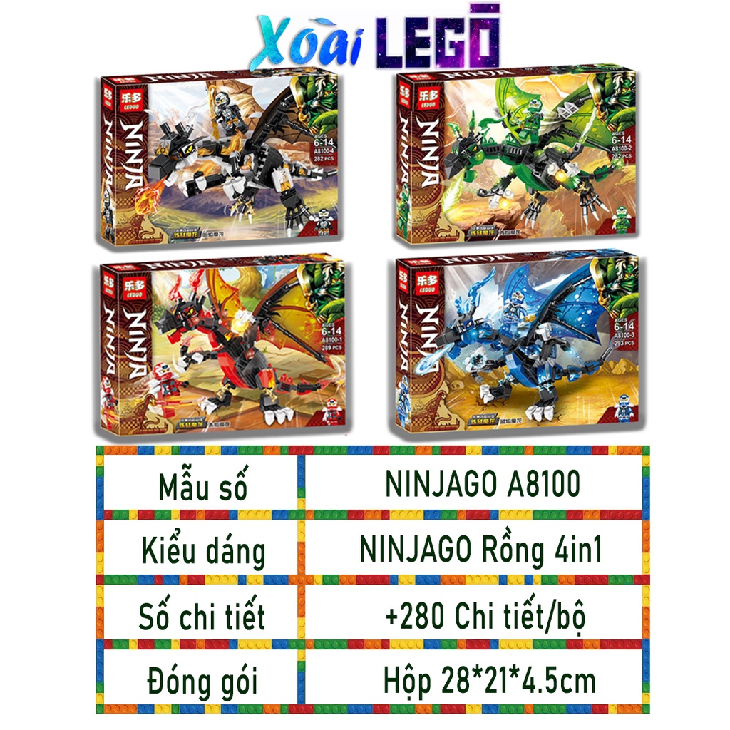 Đồ chơi lắp ráp ninjago rồng nguyên tố cùng chiến binh Ninjago mẫu A8100 kết hợp 4in1 290chi tiết./hộp