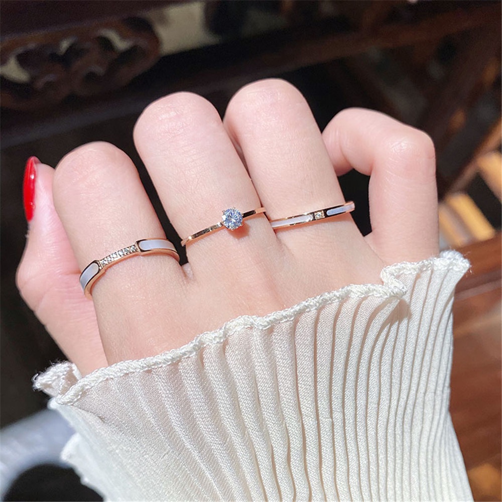 Nhẫn bằng thép titan mỏng đính kim cương giả size 5-9 thời trang sang trọng cho nữ
