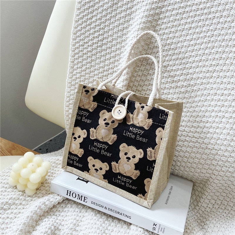 Túi Tote Vải Canvas Dáng Vuông In Hình Gấu Hoạt Hình Siêu Nhẹ Dễ Thương