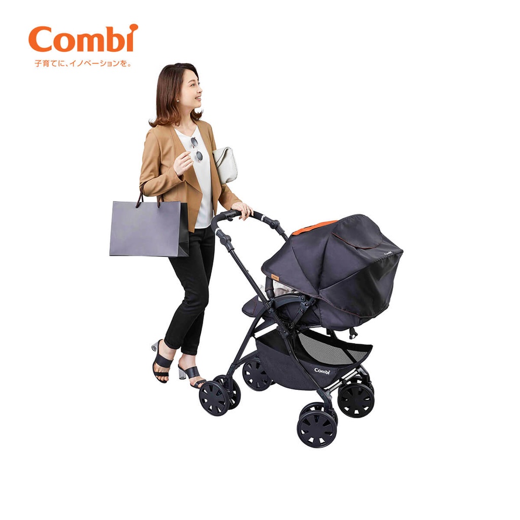 Xe đẩy Combi CrossGo 4 bánh quay tự động Kẻ Ghi/ Xanh Blue /Đen Cam