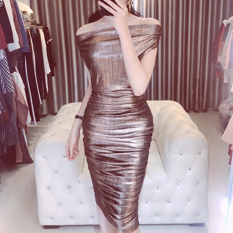 Váy Ôm Body Trễ Vai ,Đầm Ôm Body,Váy Thiết Kế,Đầm Đi Tiệc ,Váy Nhũ Đồng ,Hình Thật