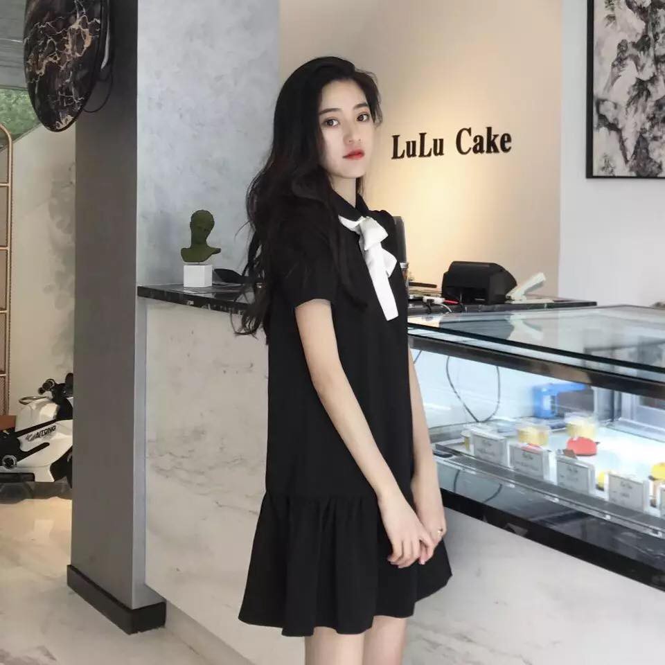 MYC 1275 Váy Bầu Đen Đuôi Cá Nơ Cổ Trắng