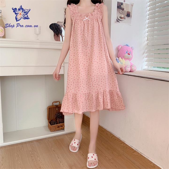Đầm ngủ mặc nhà hai dây pijama chất vải xốp nhẹ mát, họa tiết xinh xắn shop pro V925