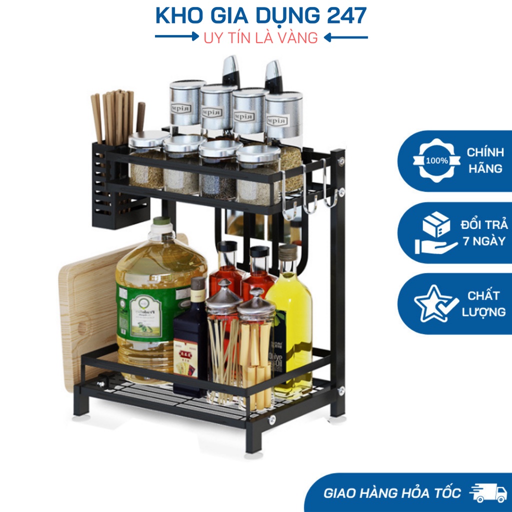 Kệ Để Gia Vị 2 Tầng Inox Sơn Tĩnh Điện Đen - Kệ Để Giao Thớt Đồ Dùng Nhà Bếp Đa Năng